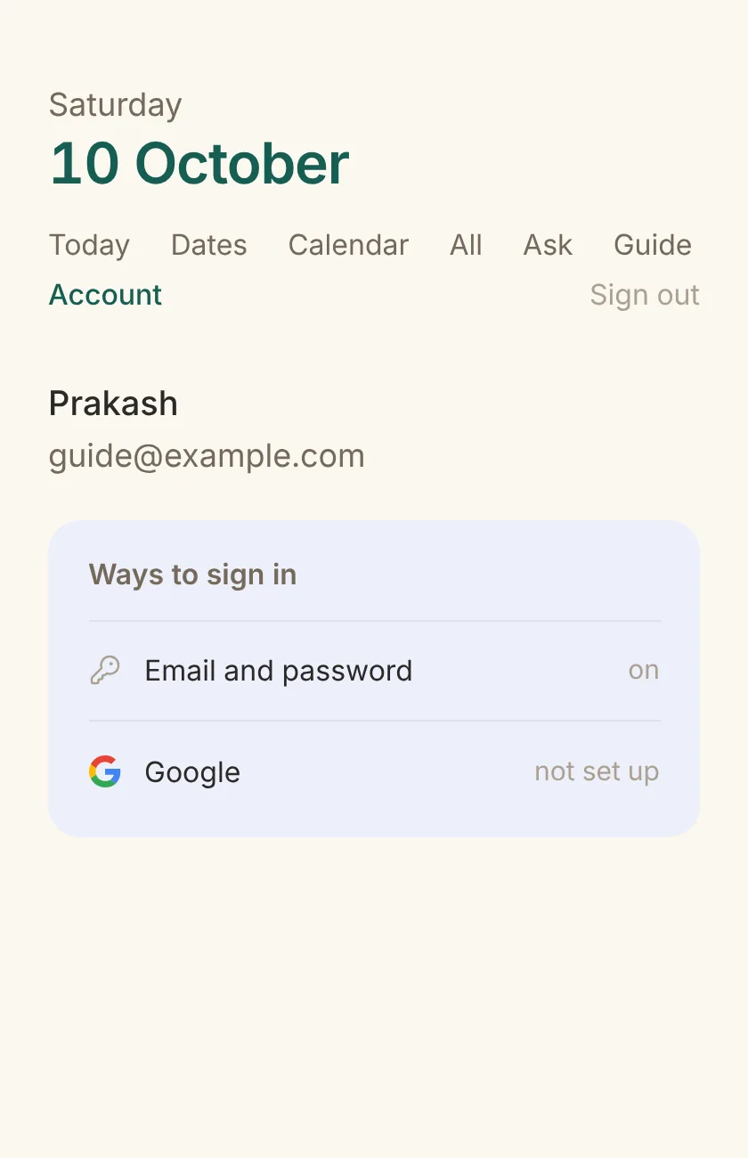 The Account page: name and email, a Ways to sign in panel listing Email and password and Google