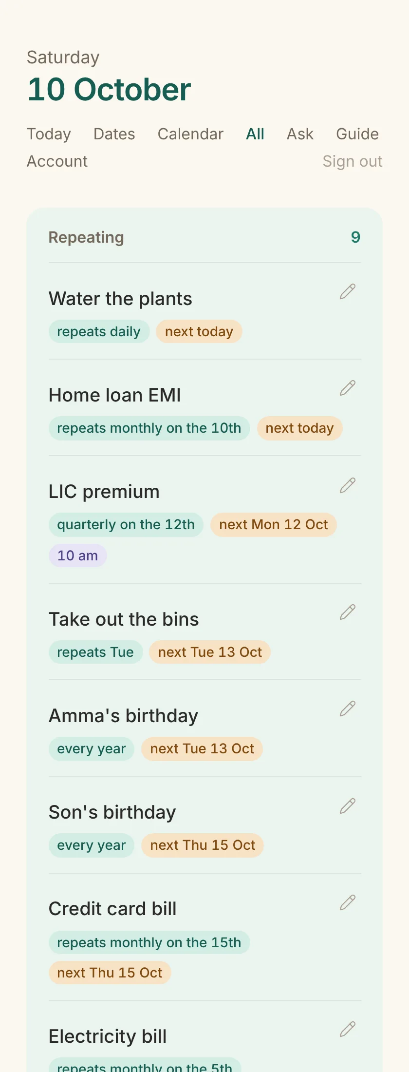 The All page listing repeating chores with streaks, one-off chores and someday items