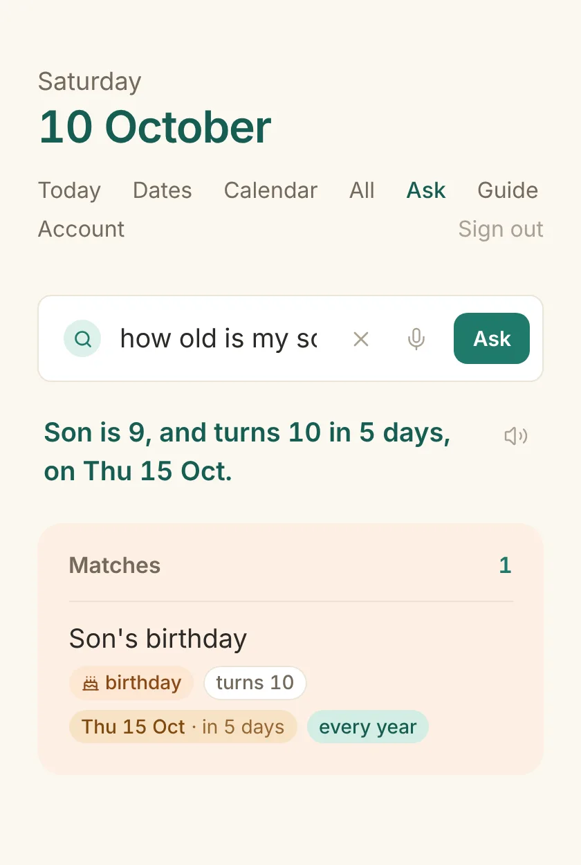 The Ask page answering “how old is my son?”: Son is 9, and turns 10 in 5 days, on Thu 15 Oct