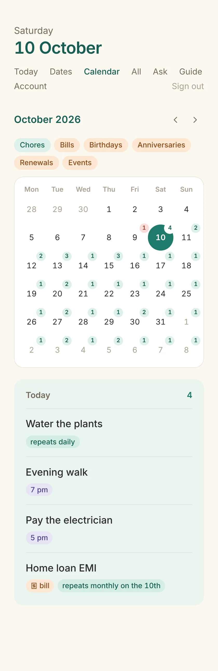 The calendar page: a month grid with pale count badges, today in teal, and the selected day's entries listed below
