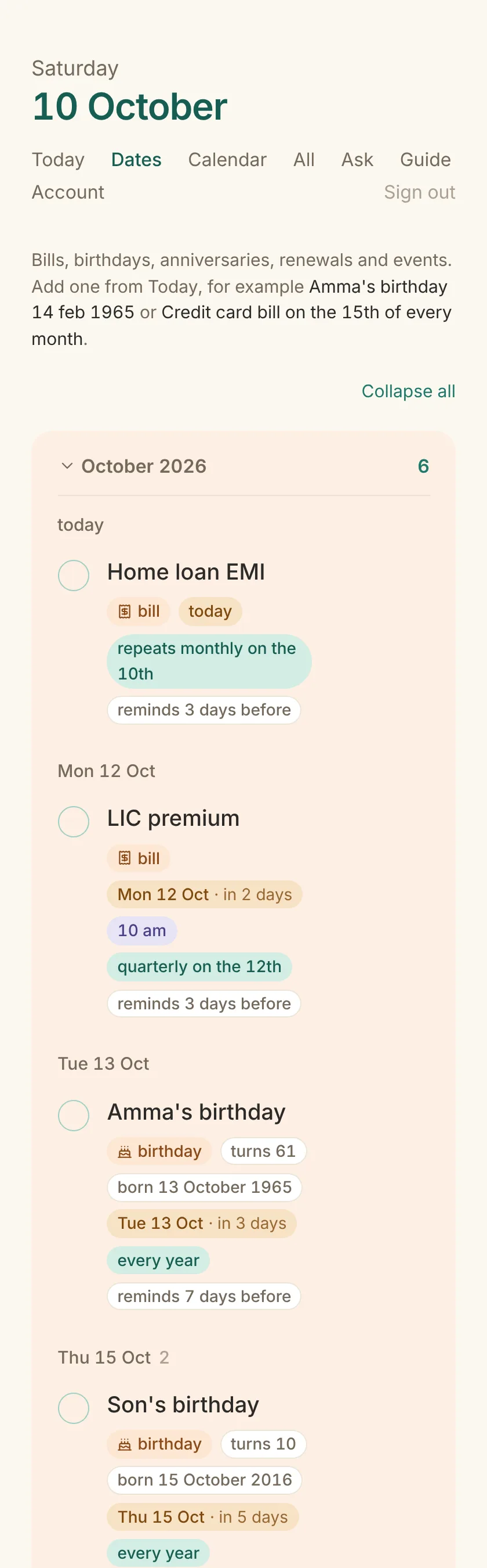 The Dates page with months expanded, showing birthdays, bills and renewals with their chips