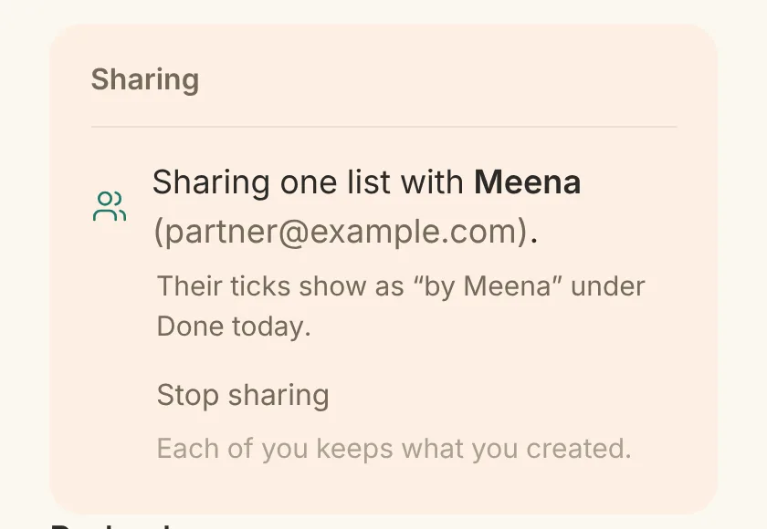 The Account page's Sharing panel: “Sharing one list with Meena”, with a Stop sharing link